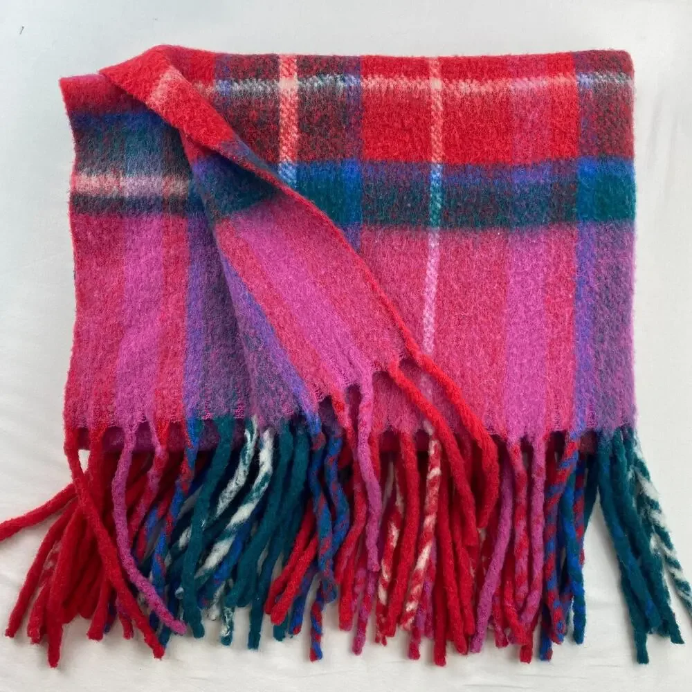 ANTHROPOLOGIE Blanket Tartan Wool Plaid Throw Fringed Red 50